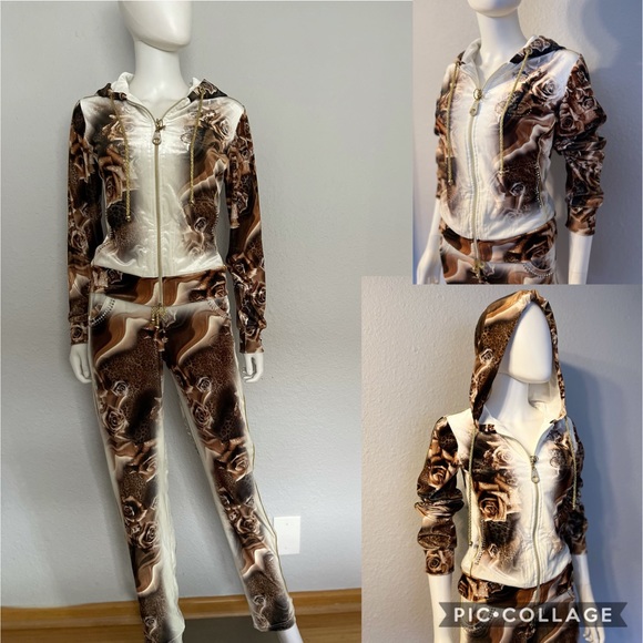 Salenwt Women Velour Tracksuit Set Jacket/Pants Hood Floral Print Loungewear